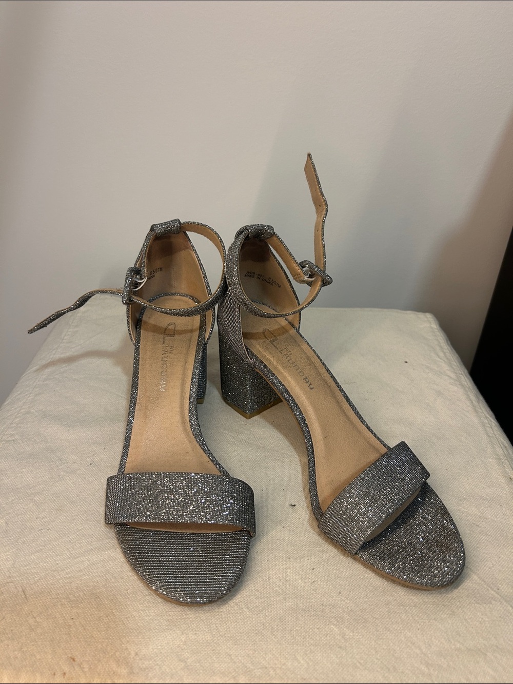 Glitter Block Heel Ankle Strap Sandals - Silver